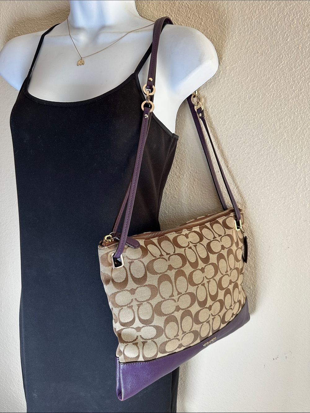 Coach Signature Canvas Shoulder Bag in Brown and Purple - Picture 12 of 13